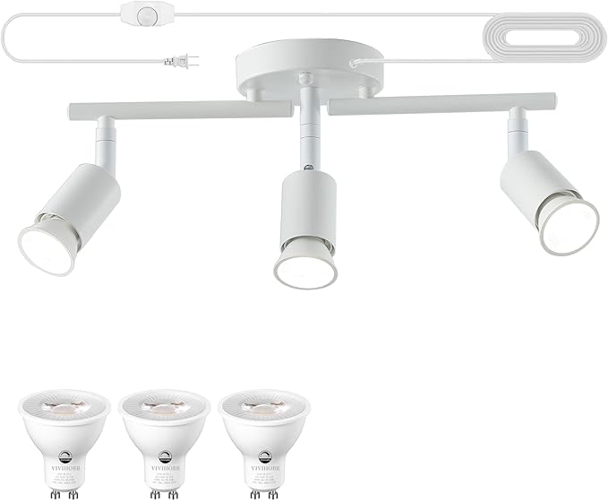 Dimmable 3 Light White Plug in Track Light White Plug in Ceiling Lighting Fixture with 16.4' Long Cord,3 Way Ceiling Spotlight,Rotatable Wall Mount Light Head,LED dimmable Spot Bulbs Included