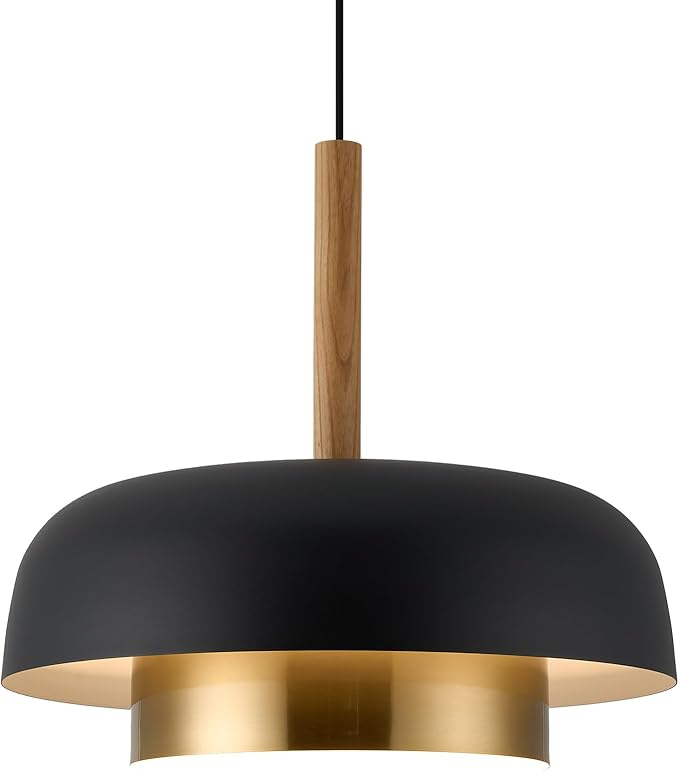 Mid Century Large Pendant Lighting,18.8 inch,Double-Layer,Real Wood Accent,Black and Gold Modern Chandelier for Dining Room,Kitchen, Living Room
