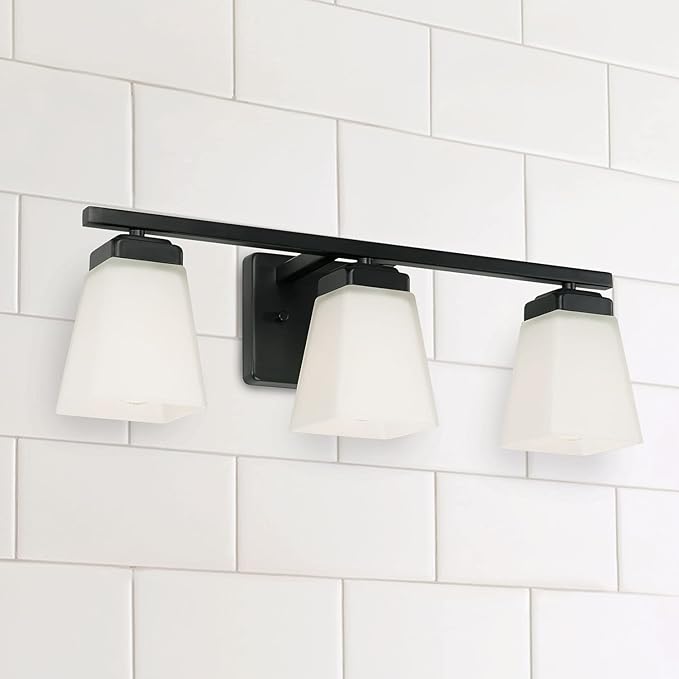 HomePlace Lighting 114431MB-334 Baxley Modern Soft White Glass Bathroom Vanity Wall Light, 3-Light 300 Total Watts, 7" H x 22" W, Matte Black