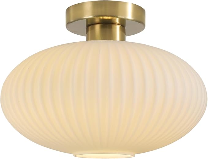 BOKT Mid Century Modern Ceiling Light Fixture Milk White Ribbed Glass Ceiling Light Nursery Close to Ceiling Stairway Gold Semi Flush Mount Ceiling Lamp 11.8"