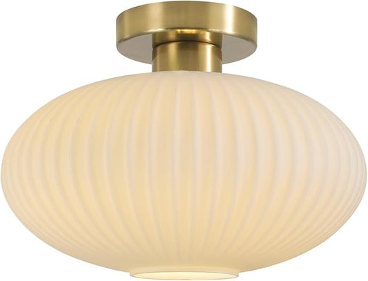 BOKT Mid Century Modern Ceiling Light Fixture Milk White Ribbed Glass Ceiling Light Nursery Close to Ceiling Stairway Gold Semi Flush Mount Ceiling Lamp 11.8"