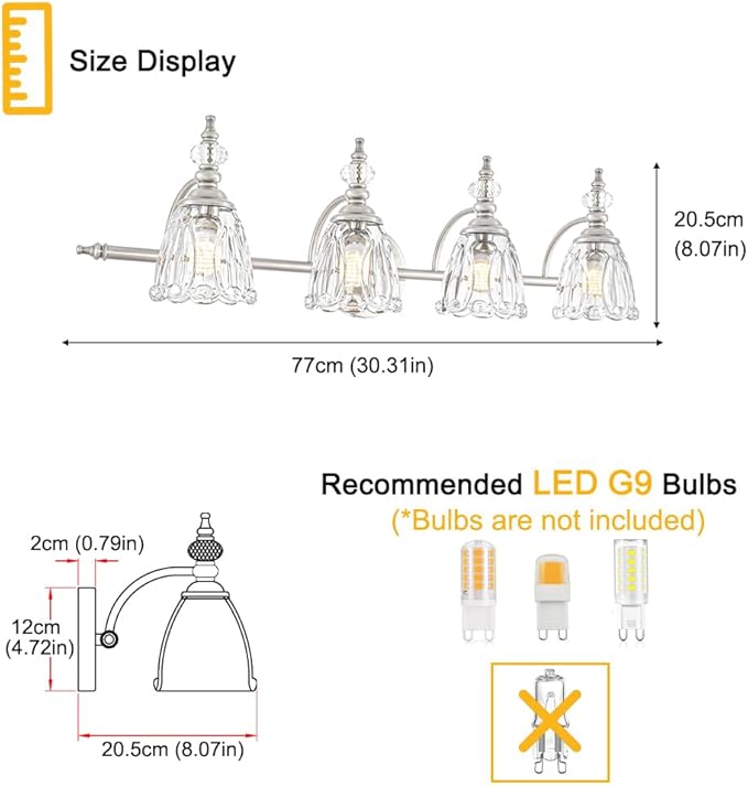 4 Light Brushed Nickel Bathroom Light Fixture, Antique Vanity Light with Flower Glass Shade, Bathroom Vanity Light Over Mirror, Farmhouse Sconces Wall Lighting for Hallway Livingroom Bedroom