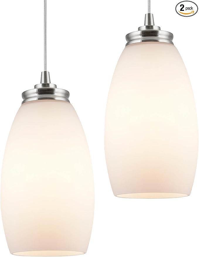 Kira Home Coast 9" Set of 2 Modern Mini Pendant Light with Frosted Glass Shades, Brushed Nickel Hanging Light with Satin White Oval Glass, Brushed Nickel Finish