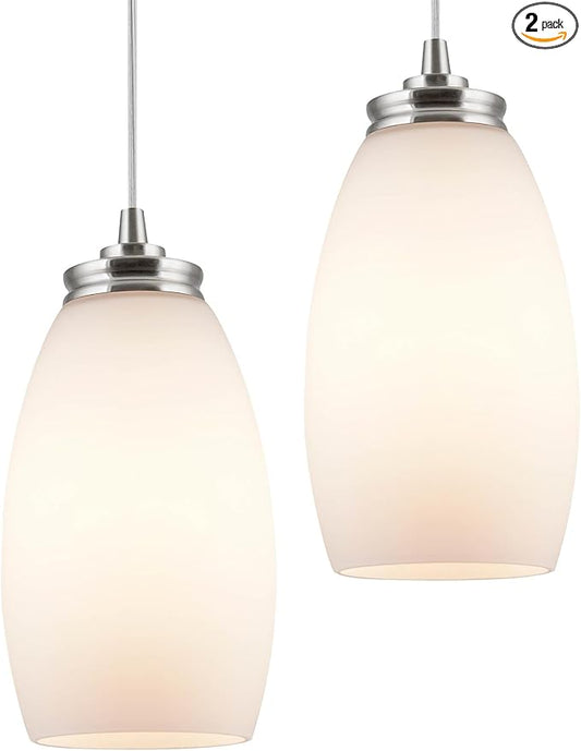 Kira Home Coast 9" Set of 2 Modern Mini Pendant Light with Frosted Glass Shades, Brushed Nickel Hanging Light with Satin White Oval Glass, Brushed Nickel Finish