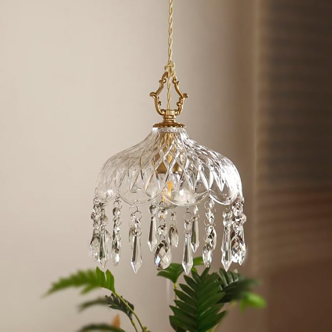 Vintage Crystal Small Pendant Lights Kitchen Island, Adjustable Cord Length 0.5" to 70", Dia7.87 Glass Shade Light Fixture,Brass Hanging Light, Chandelier for Bedroom (2-Pack，Hard-Wired