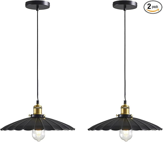 2Pack Hanging Lamp, Metal Pleated Lampshade Pendant Lighting for Kitchen Island Black Pendant Light Fixture 15.7 Inch Hanging Pendant Light 6.5Ft Height Adjustable