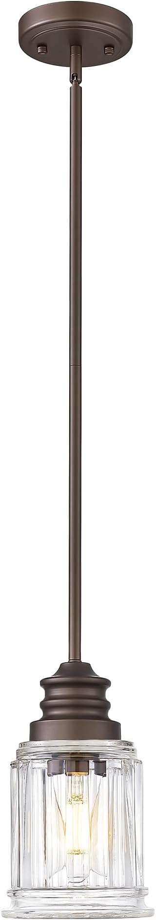Farmhouse Pendant Light for Kitchen Island, HWH Oil-Rubbed Bronze Finish Pendant Light, Single 1-Light Hanging Light Fixture, Bell-Shaped Fluted Clear Glass, 5HZG106MIL-L ORB