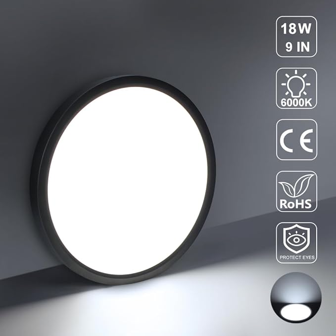LED Flush Mount Ceiling Light Fixture, 8.9 Inch 18W, 6000K Daylight White, Black Flat Modern Round Lighting Fixtures, 1800LM, 180W Equivalent White Ceiling Lamp Lights for Kitchen, Stairwell, Bedroom