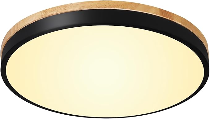 12 Inch Wood LED Flush Mount Ceiling Light Fixtures 5CCT 2700-5000K 24W Dimmable | Overhead Light | Round | Black | Ceiling Lamp | Bathroom | Bedroom | Kitchen | Hallway | Laundry Room