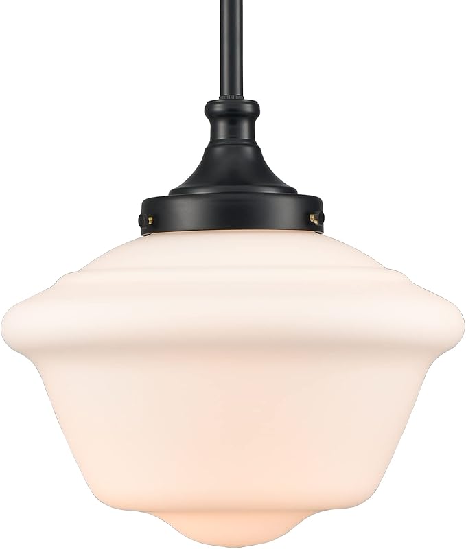 SAMTEEN 10-Inch Black Schoolhouse Pendant Light with White Glass Shade Schoolhouse Light Fixture Adjustable Height Modern Schoolhouse Pendant Lighting for Kitchen Island Dining Room Living Room