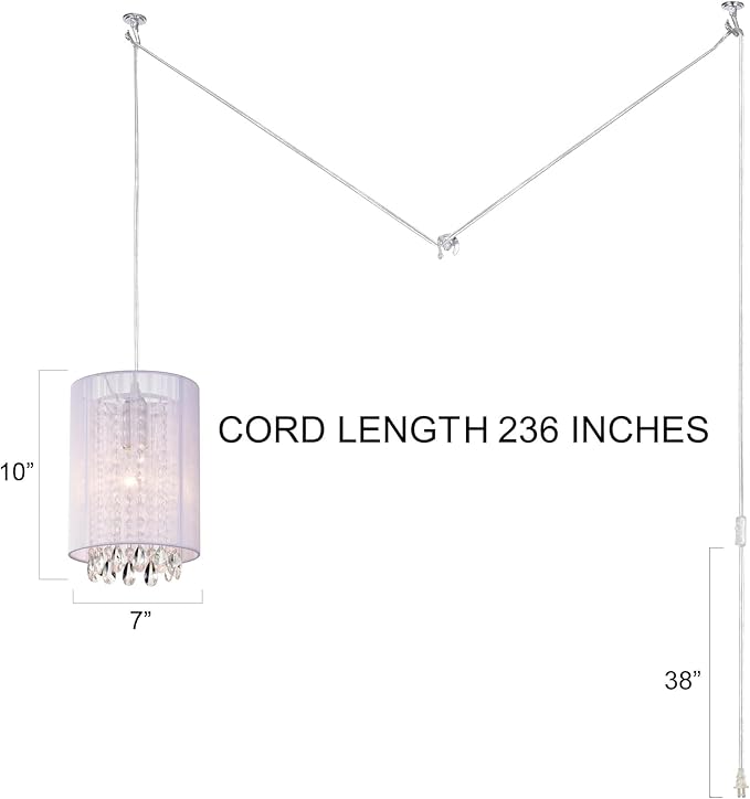 LaLuLa Plug in Hanging Light,White Cotton Plug in Chandelier,Crystals Hanging lamp Plug in,1-Light Hanging Lights with Plug in Cord for Bedrooms,Girls Room,Vanity,Playhouse,Closet,Bathroom