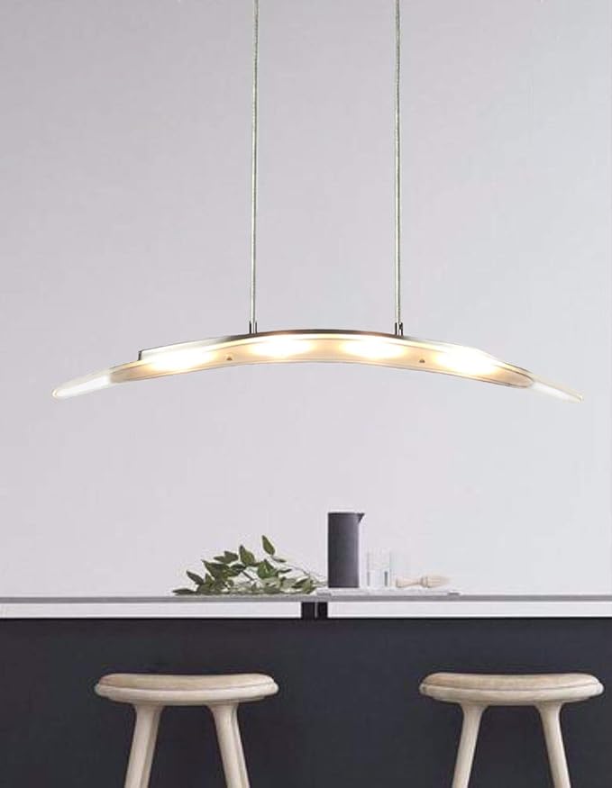 YIFONTIN LED Island Lights Fixture Linear Pendant Cambered Hanging Warm Lamp Chandelier Droplight 18W 31.5" Width for Kitchen Reading Dining Room Restaurant Office, Satin Nickel.