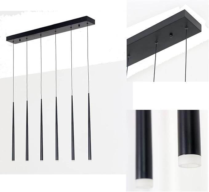 Modern Pendant for Kitchen Island, Linear Chandelier 6 Lights Cluster Bar for Dining Room, Black Warm White Dimmable