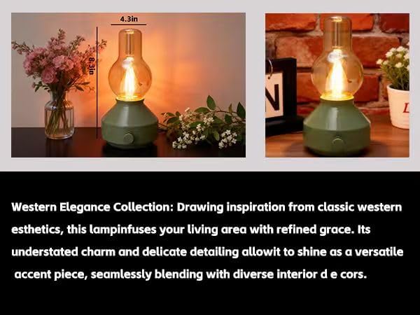 Vintage Rechargeable Cordless Table Lamp,Dimmable Rotary Control, Small Battery-Powered,Hand-Blown Glass, Bulbs Included,Retro Farmhouse Lamp for Bedroom, Living Room, Kitchen,Green,1 Pack