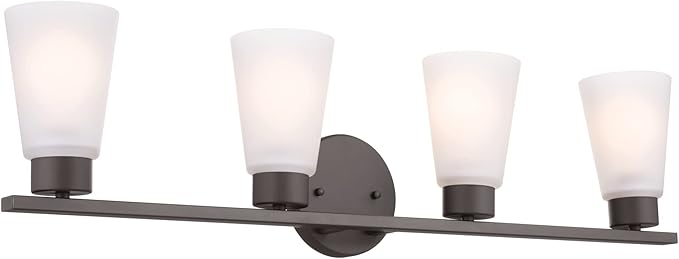 Kichler Stamos 4-Light Bathroom Vanity Light with Satch Etched Glass Shades, 26" Modern Wall Light in Olde Bronze®, (26" x 8" x 5")