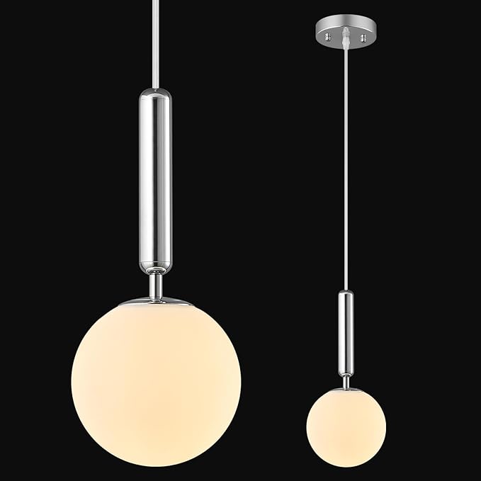 Modern Hanging Light Fixture Pendant Lighting for Kitchen Island Mid Century Chrome Pendant Lights with Globe Milky White Glass Pendant Light for Bedroom Bathroom Entryway (1 Pack)