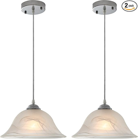 Chrome Pendant Lights Kitchen Island, 11.8 Inch Vintage Alabaster Glass Pendant Lights, White Farmhouse Pendant Light 2 Pack, Glass Pendant Light for Dinning Room, Living Room，Bedroom