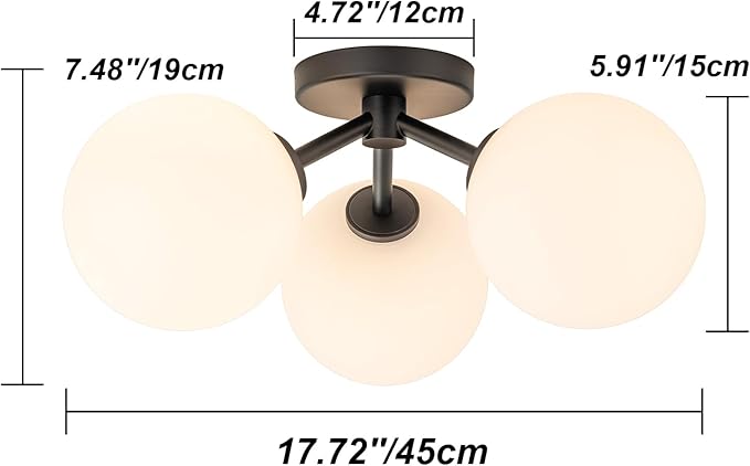 Mid Century Modern Black Semi Flush Mount Ceiling Light Fixture 3 Light 18 inch, Globe Light Fixtures for Bedroom,Entryway,Hallway,Living Room,Kitchen,Dining Room