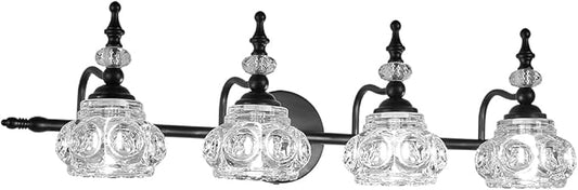 Vanity Light Fixture 4 Lights Bathroom Lighting Painted Black Surface with Thick Crystal Glass Shade, Vintage Vanity Light for Bathroom