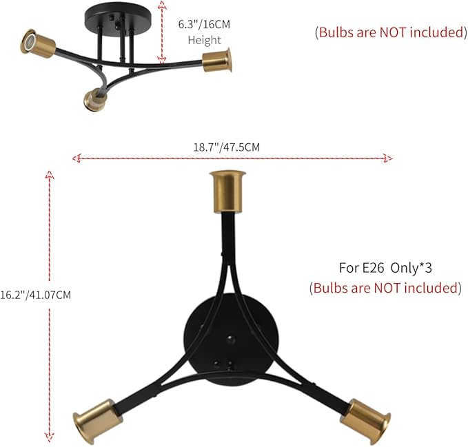 3-Lights Modern Sputnik Semi Flush Mount Ceiling Light Fixture Black and Gold,Mid Centur Sputnik Chandelier for Entryway,Hallway,Bedroom,Kitchen,Dining Room,Living Room(Bulbs Not Included)