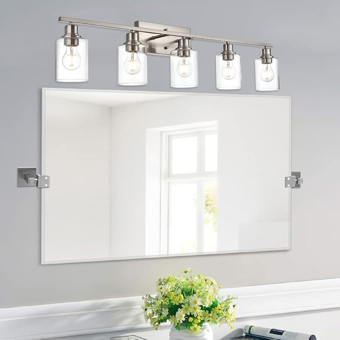VINLUZ 5-Light Bathroom Vanity Light Fixtures in Brushed Nickel Finish Indoor Wall Sconce Lighting Over Mirror with Clear Glass Shade for Living Room, Bedroom, Hallway