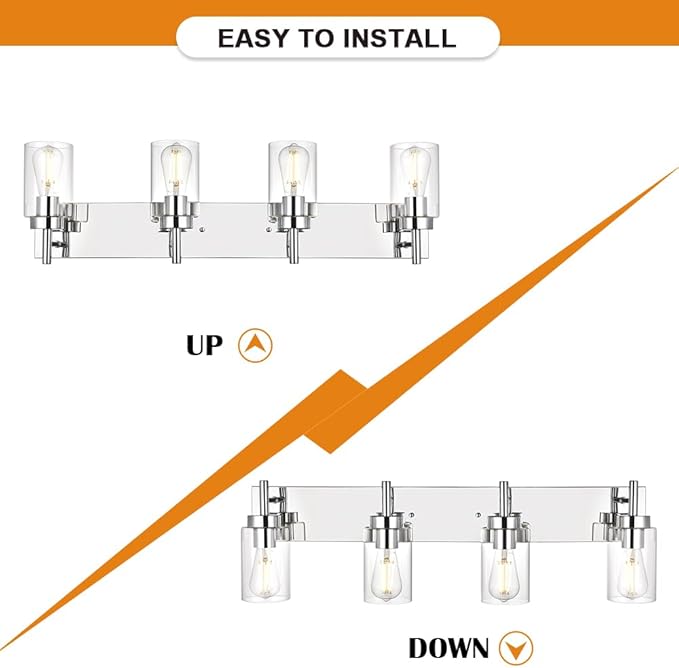 VINLUZ Modern Bathroom Lighting with Clear Glass Shade 4-Light Vanity Light Fixtures Chrome Finished Industrial Wall Light Sconces for Bedroom Hallway (Patent No.: US D958,438 S)