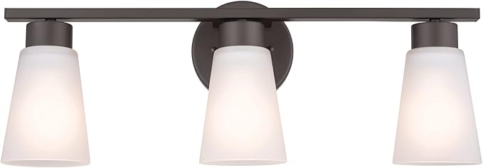 Kichler Stamos 3-Light Bathroom Vanity Light Fixture with Satin Etched Glass Shades, 22 in Modern Wall Light in Olde Bronze for over Mirror (22 in x 5 in x 8 in), 45887NI