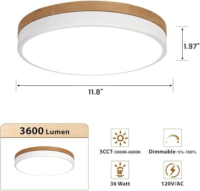 11.8 inch Wood Led Flush Mount Ceiling Light, Dimmable, 5CCT 3000K-6000K Selectable, 36W, 3600LM, Round Modern White Light Fixture Ceiling Mount for Bedroom, Laundry Room,Kitchen, Hallway, White
