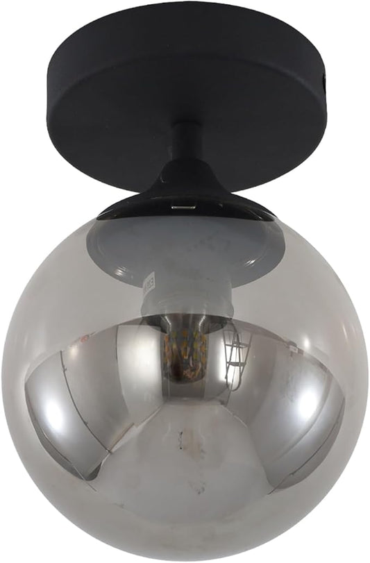 KCO Lighting Mid Century Modern Black Semi Flush Mount Ceiling Light Smoke Grey Globe Glass Ceiling Light Industrial Hallway Close to Ceiling Lights for Porch Bedroom Living Room
