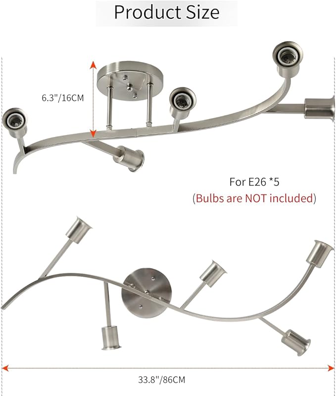 Modern Brushed Nickel Light Fixture Ceiling 5-Lights,Flush Mount Sputnik Chandelier Sliver for Kitchen,Office,Bedroom,Living Room,Dining Room(Bulbs Not Included)