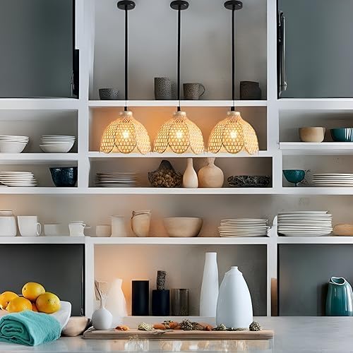 3-Pack Boho Pendant Light Fixture 9.8" Bamboo Hanging Light Mini Rattan Pendant Light,Woven Wicker Shade Rattan Chandelier for Dining Living Bedroom Kitchen Farmhouse