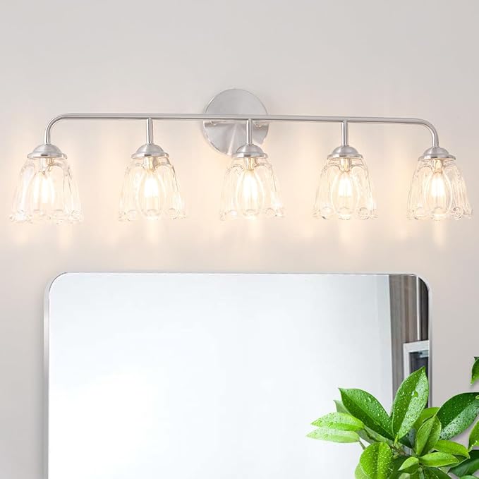 Daunton Vintage Vanity Light for Bathroom, Elegant Vanity Light with Flower Glass Shade, Brushed Nickel 5-Light Bathroom Lighting Fixtures Over Mirror, Wall Sconce Lighting for Bedroom, Living Room
