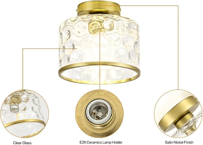 Zlepmlla Gold Flush Mount Ceiling Light with Clear Hammered Glass lampshade, Farmhouse Ceiling Lights Fixture in Satin Brass for Kitchen Bathroom, Bulb not Included