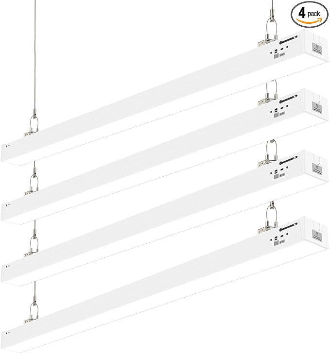 DAKASON 4FT Linkable LED Linear Light, 50W/40W/30W, 3/4/5000K CCT Selectable, Commercial Linear Lighting Fixture for Office, Workshop, Dimmable Suspended/Flush Mount Ceiling Light, White 4 Pack