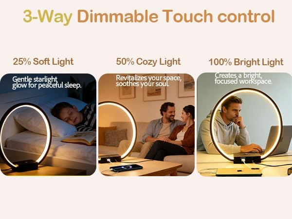 LED Circle Table Lamp Touch Control 3-Way Dimmable Bedside Nightstand Lamp with USB Port Modern Tabletop Lamps, 12W 3000K Warm Light, Desk Lamp for Bedroom Living Room, Black