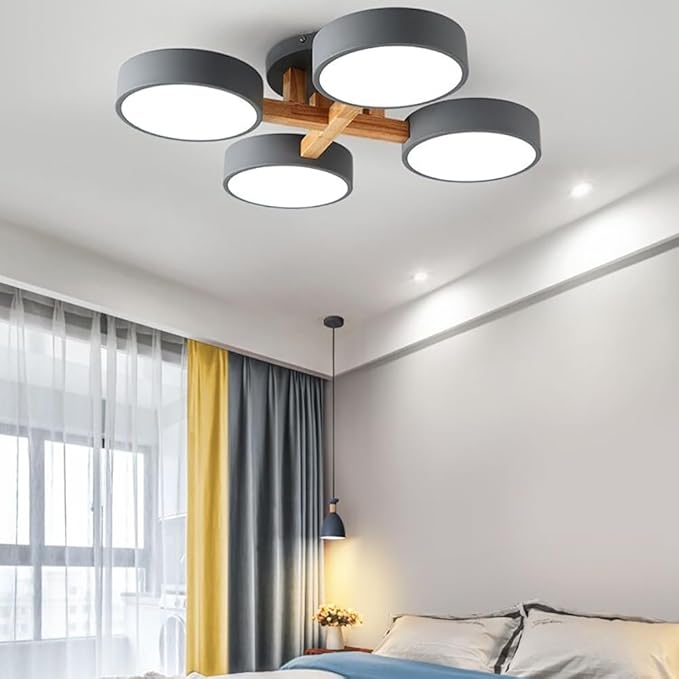 LED Ceiling Light Fixture,24 Inch 4-Lights Modern Ceiling Lights Flush Mount Wooden 44W Chandelier for Living Room Bedroom Kitchen,Dimmable 3000K/4000K/6000K Temperatures Selectable, Grey