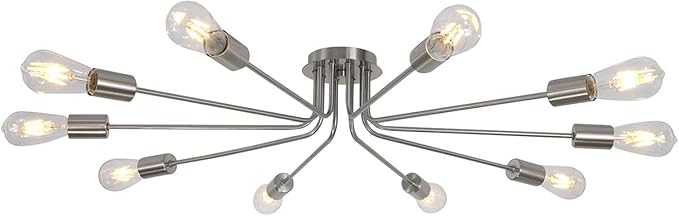 10 Light Sputnik Chandelier Brushed Nickel Ceiling Light Semi Flush Mount Light Ceiling Lamp for Kitchen Dining Room Living Room Foyer
