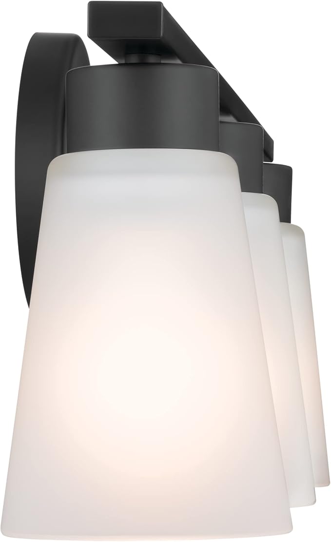 Kichler Stamos 3-Light Bathroom Vanity Light Fixture with Satin Etched Glass Shades, 22 in Modern Wall Light in Black for over Mirror (22 in x 5 in x 8 in), 52608BK