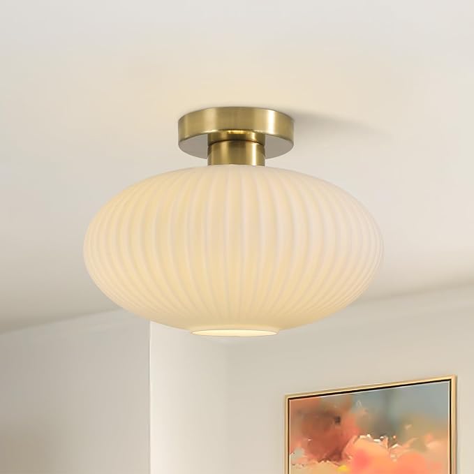 BOKT Mid Century Modern Ceiling Light Fixture Milk White Ribbed Glass Ceiling Light Nursery Close to Ceiling Stairway Gold Semi Flush Mount Ceiling Lamp 11.8"