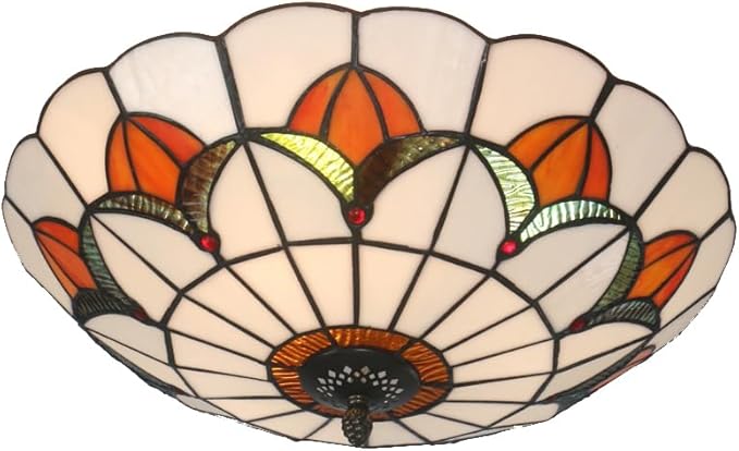 Tiffany Style Ceiling Light 16 Inch Stained Glass Flush Mount Ceiling Light for Bedroom Chandelier Vintage Pendent Light Fixtures (16 Inch White Orange)