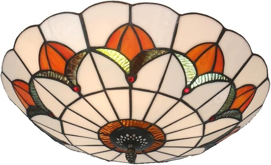 Tiffany Style Ceiling Light 16 Inch Stained Glass Flush Mount Ceiling Light for Bedroom Chandelier Vintage Pendent Light Fixtures (16 Inch White Orange)