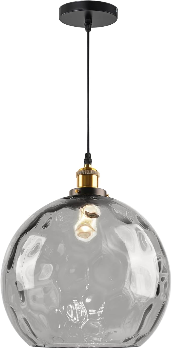 13.8" Large Grey Glass Pendant Lights Kitchen Island Hammered Glass Globe Pendant Lamp Mid Century Modern 1-Light Pendant Lighting Fixtures for Dining Room Living Room Bedroom