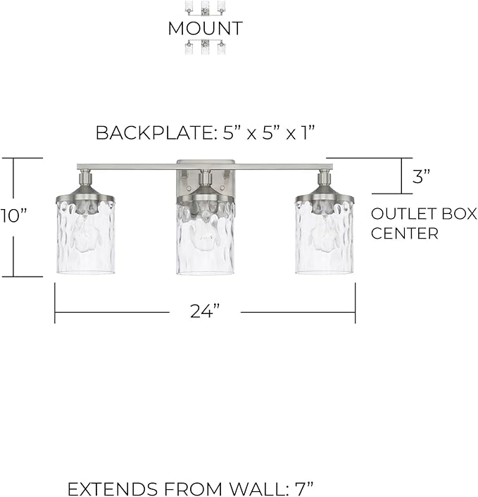 HomePlace Lighting 128831BN-451 Colton Mid-Century Clear Water Glass Bathroom Vanity Wall Light, 3-Light 300 Total Watts, 10" H x 24" W, Brushed Nickel