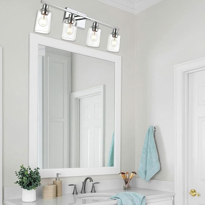 VINLUZ Vanity Light Fixtures,4-Light Indoor Modern Chrome Finish Bathroom Lighting Over Mirror with Clear Glass Shade Metal Base Wall Mounted Lamp for Vanity Table, Living Room