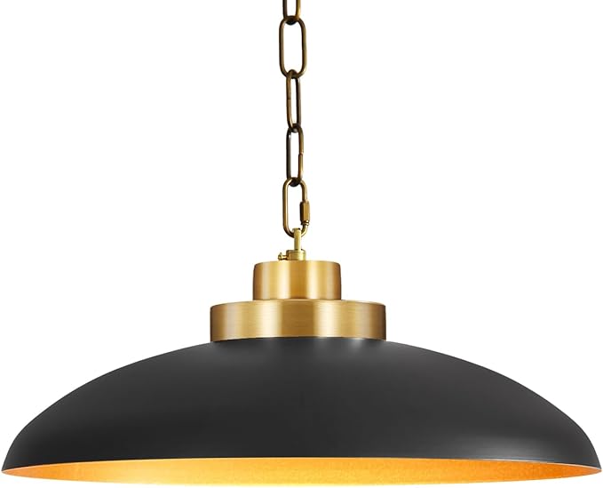 15.8 Inch Large Black and Gold Pendant Light, Industrial Pendant Lighting Fixtures, Vintage Dome Ceiling Hanging Lamp for Kitchen Island Dining Room
