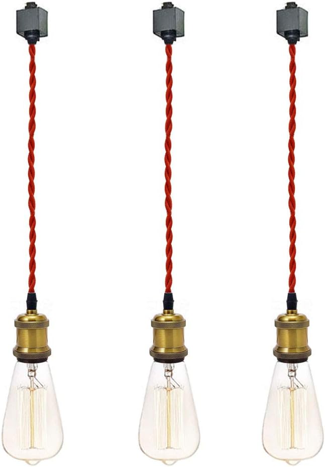 Kiven H-Type 3 Wire Track Pendant Light 3.3 Feet Red Weave Rope Cord Iron Retro Style Lighting Industrial Factory Pendant Lamp,3 Pack