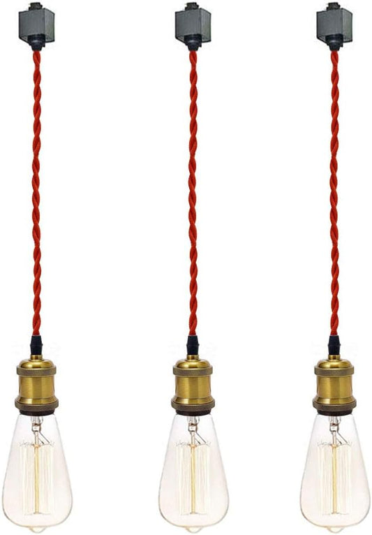 Kiven H-Type 3 Wire Track Pendant Light 3.3 Feet Red Weave Rope Cord Iron Retro Style Lighting Industrial Factory Pendant Lamp,3 Pack