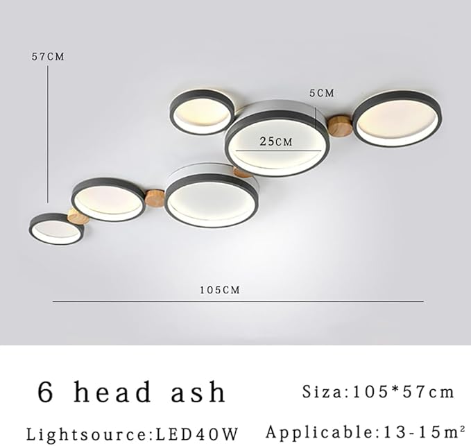 6-Lights LED Ceiling Light Fixture,Modern 42 Inch Ceiling Lights Flush Mount Wooden 40W Dimmable Chandelier for Living Room Bedroom Kitchen,3000K/4000K/6000K Temperatures Selectable Grey