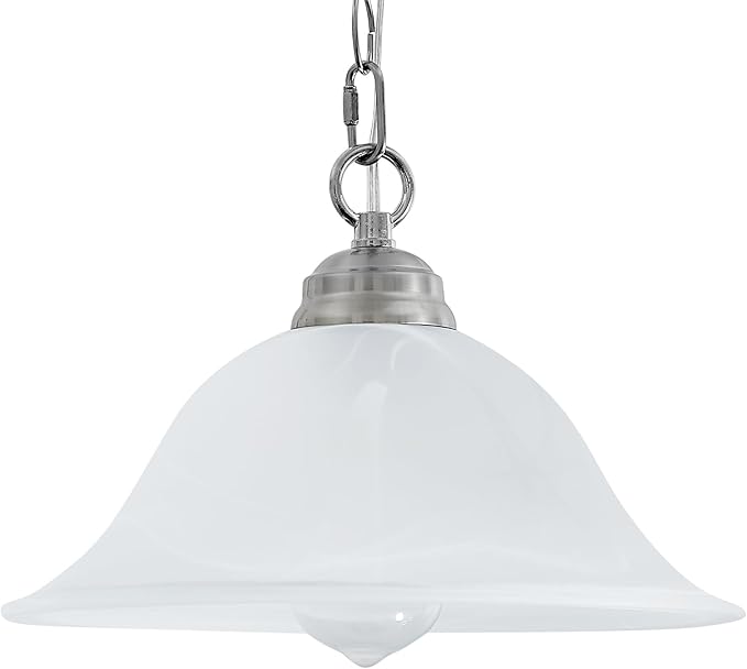 Plug in Pendant Light Alabaster Glass Shade 15.7" D Hanging Lamp with On/Off Switch,16.4Ft Cord & 14.7Ft Chain Dimmable Brushed Nickel Swag Light Fixture for Kitchen Sink Bar Nook