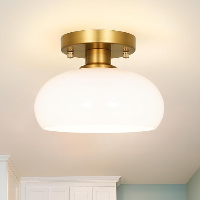 Mid-Century Gold Ceiling Light Fixture - 8 Inch Semi Flush Mount Hallway Light with Hand-Blown Milk White Glass Shade,Easy Install Close to Ceiling Lighting for Small Entryway & Kitchen